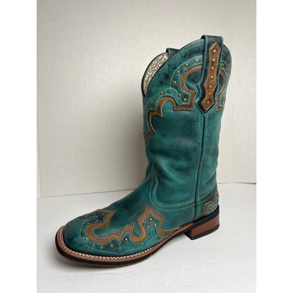 Laredo 5648 Womens Teal Leather Studded Western Cowgirl Boots Square Toe 8M